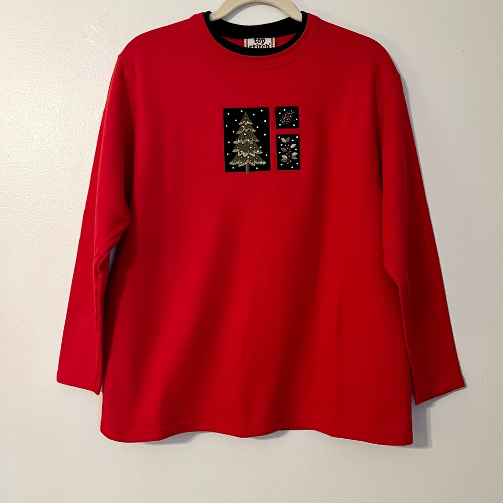 Vintage Top Stitch Morning Sun Christmas Tree Holly Collar Sweatshirt Size M